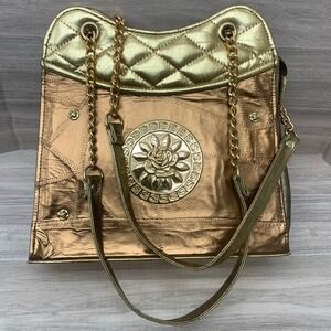 VTG Sam Dae Genuine Leather‎ Patchwork Shoulder Bag Gold Tone Chain Accent